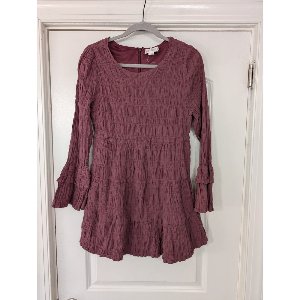 Loveriche Mauve Ruffle Tiered Long Sleeve Smocked Mini Dress Women's Large